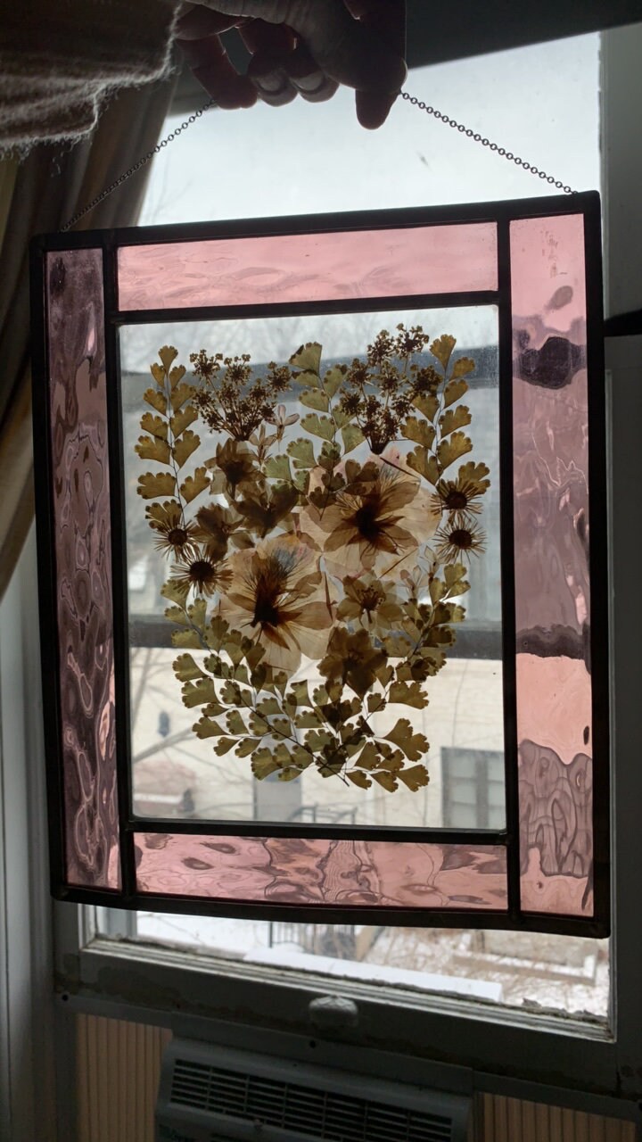 Medium Dried Flowers in Stained Glass Wall Hanging