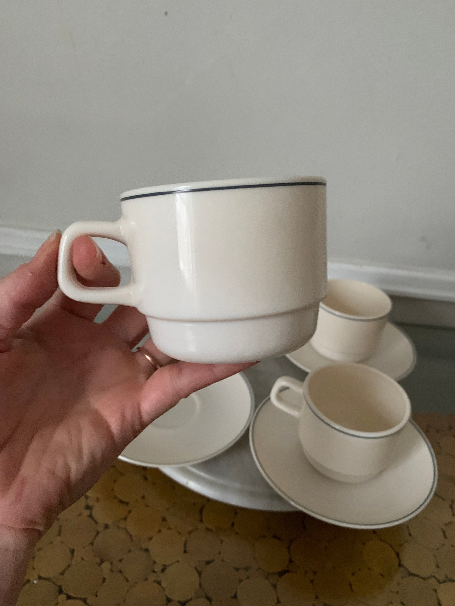 Retro Set of 4 Cream Arcopal Gastroomie Cup and Saucer Made in France
