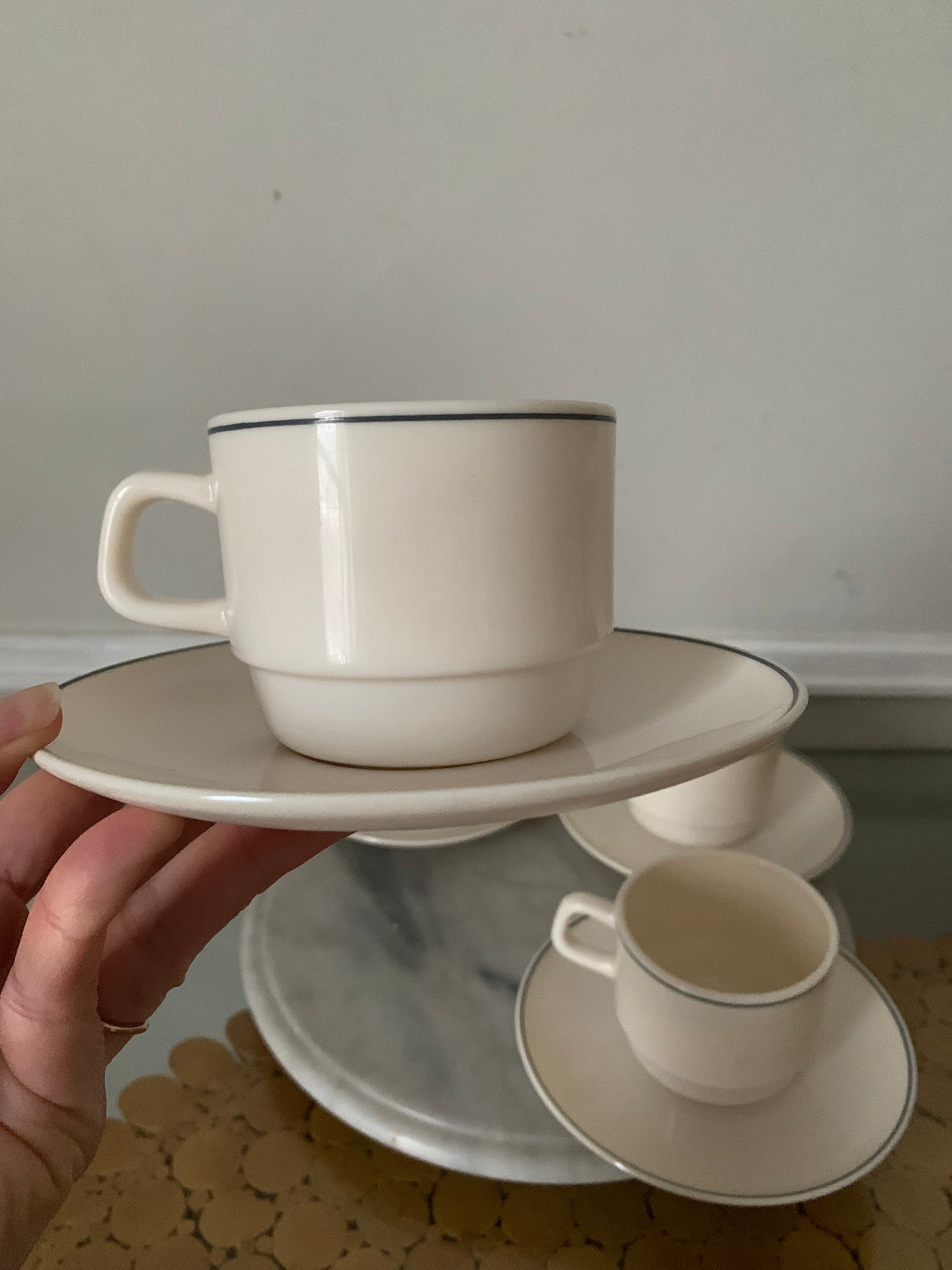 Retro Set of 4 Cream Arcopal Gastroomie Cup and Saucer Made in France