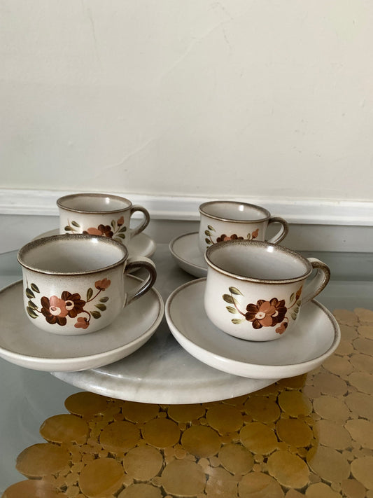 Retro Set of 4 Denby Potter's Wheel Flower Cup and Saucer Set Made in England