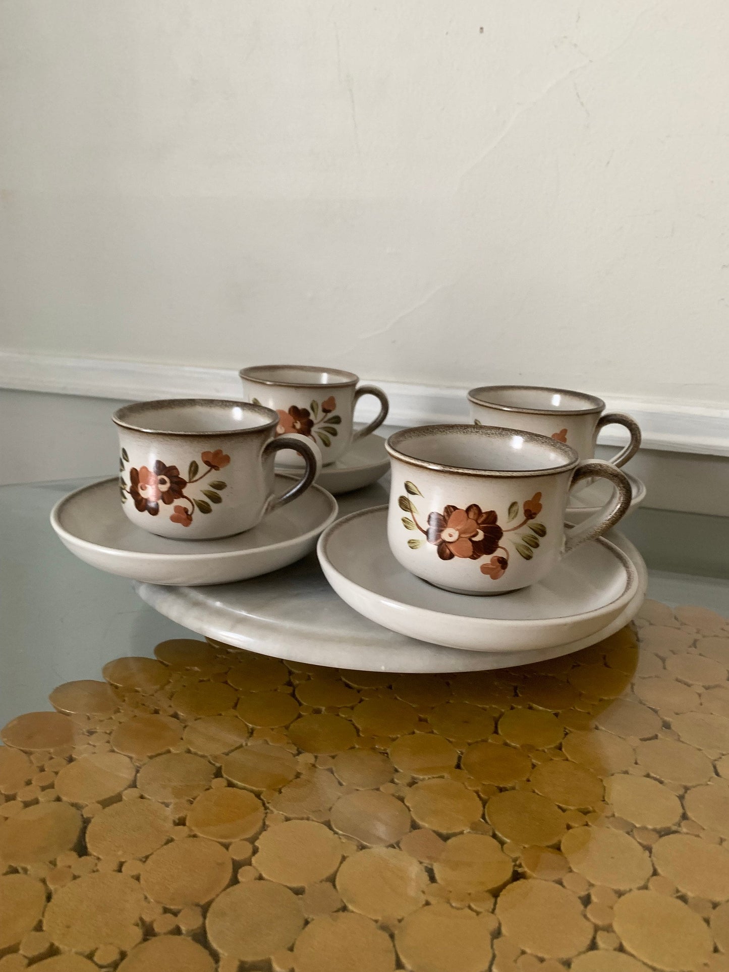 Retro Set of 4 Denby Potter's Wheel Flower Cup and Saucer Set Made in England