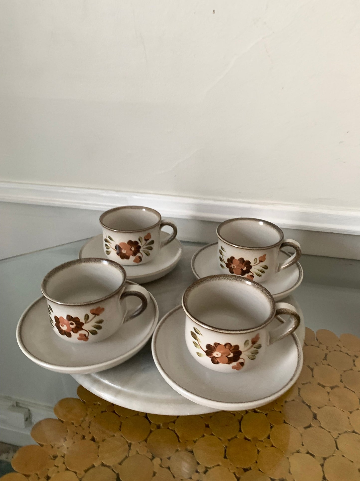 Retro Set of 4 Denby Potter's Wheel Flower Cup and Saucer Set Made in England