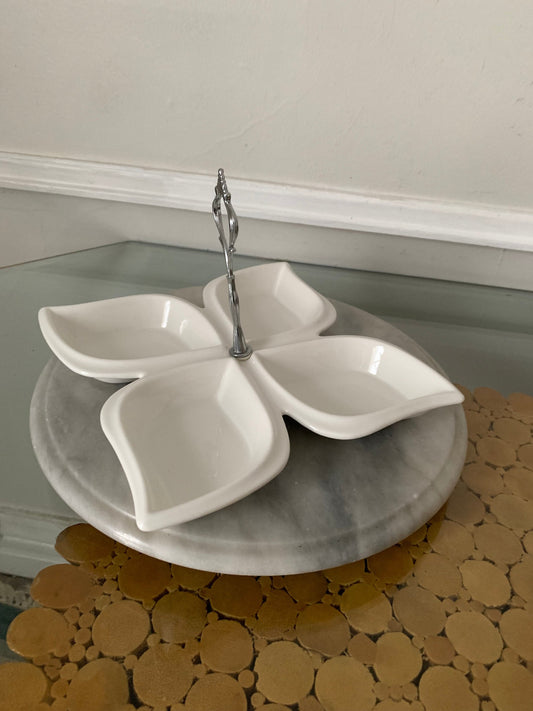 MCM White Ceramic Divided Serving Plate with Silver Tone Handle