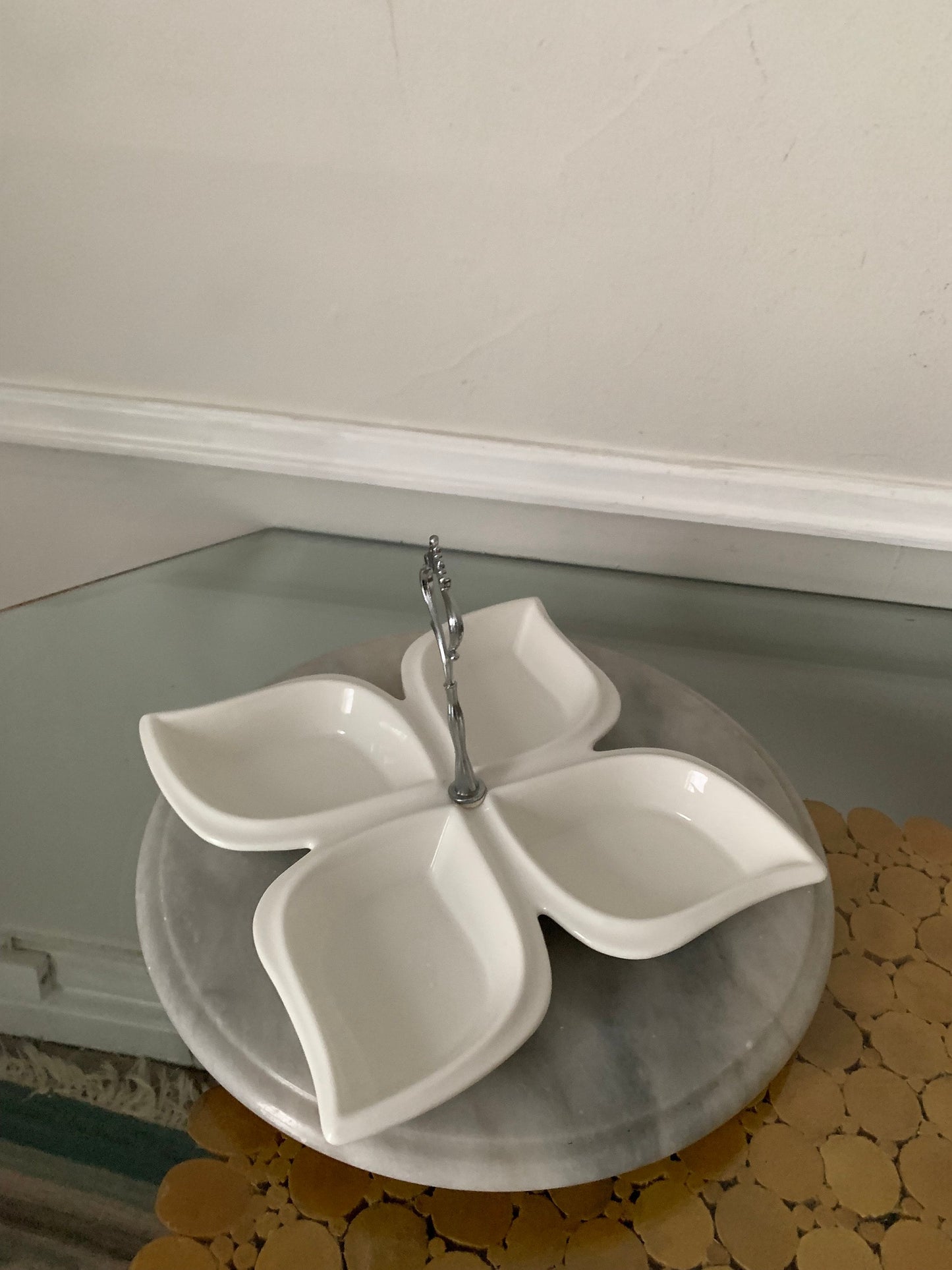 MCM White Ceramic Divided Serving Plate with Silver Tone Handle