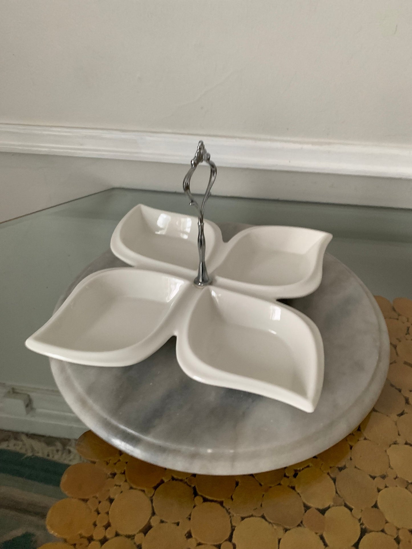 MCM White Ceramic Divided Serving Plate with Silver Tone Handle