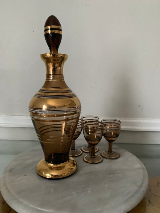 Set of 5 MCM Smokey Brown and Gold Stripe Decanter and Liqueur Glasses