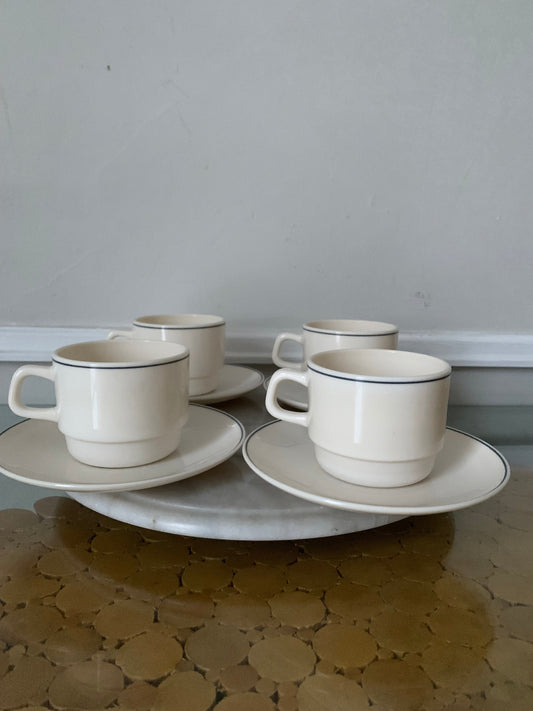 Retro Set of 4 Cream Arcopal Gastroomie Cup and Saucer Made in France