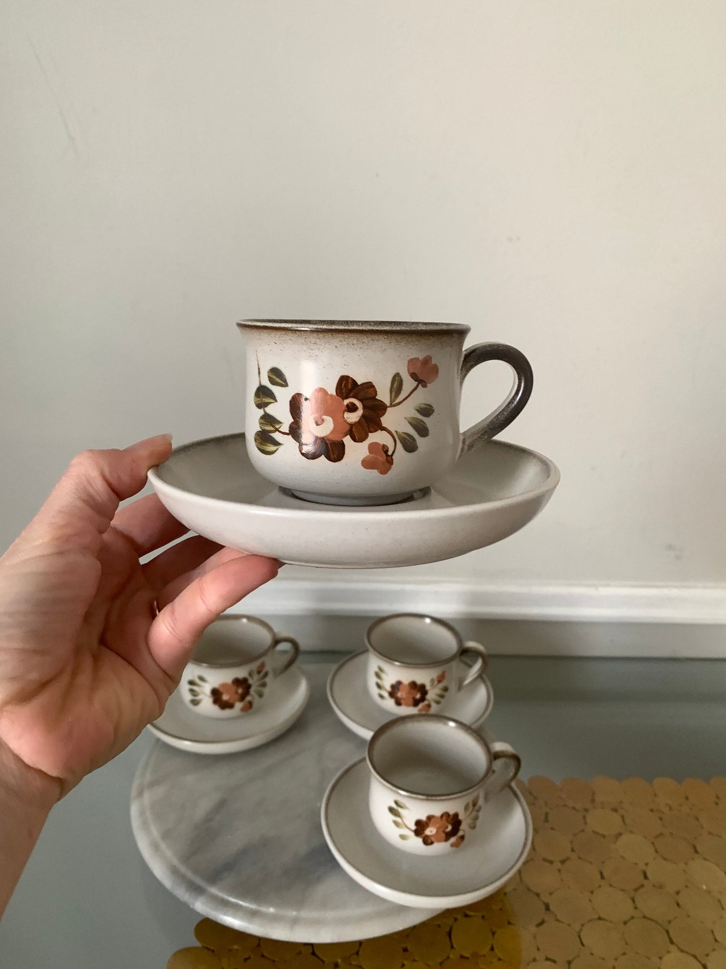 Retro Set of 4 Denby Potter's Wheel Flower Cup and Saucer Set Made in England