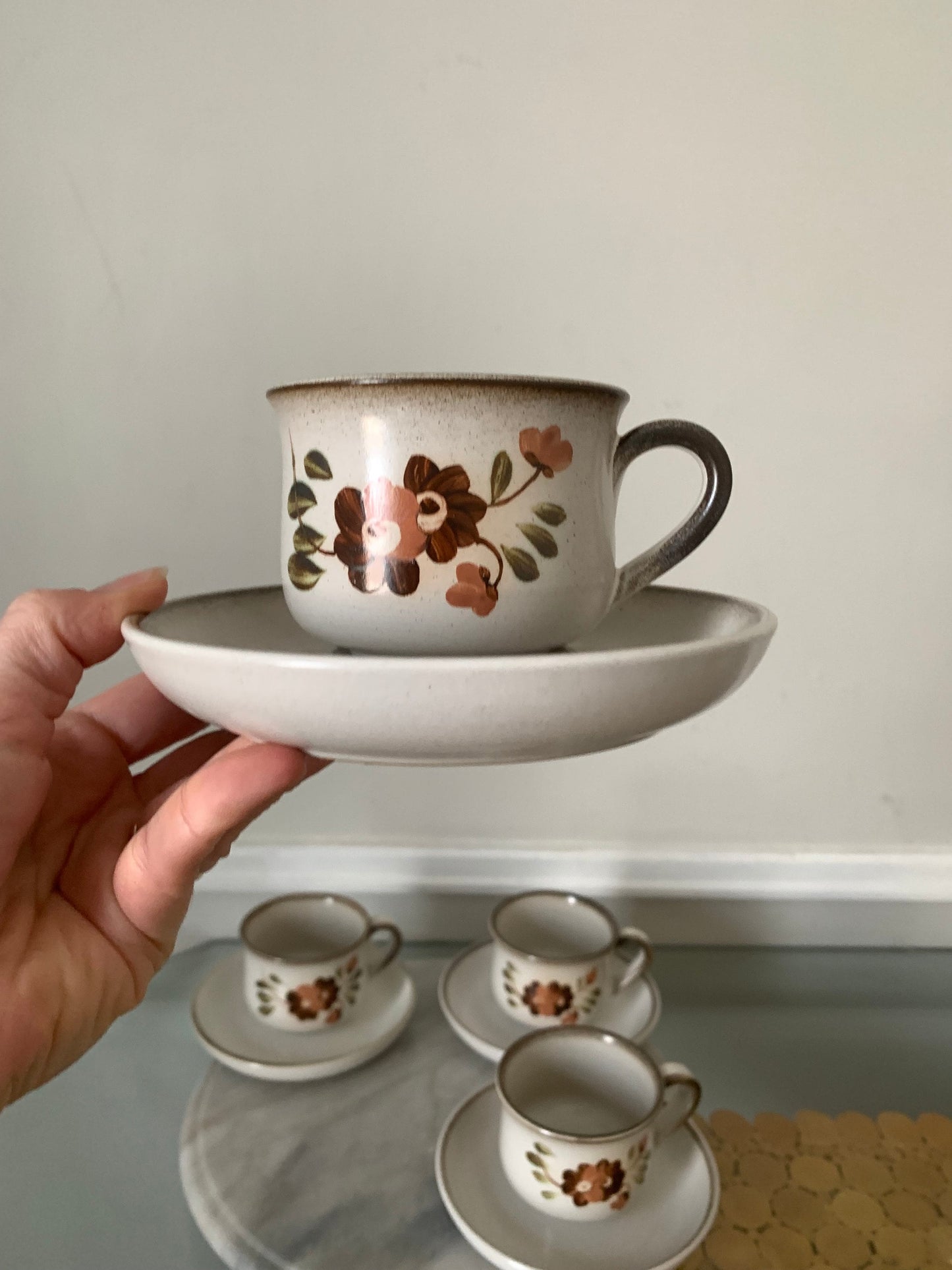 Retro Set of 4 Denby Potter's Wheel Flower Cup and Saucer Set Made in England