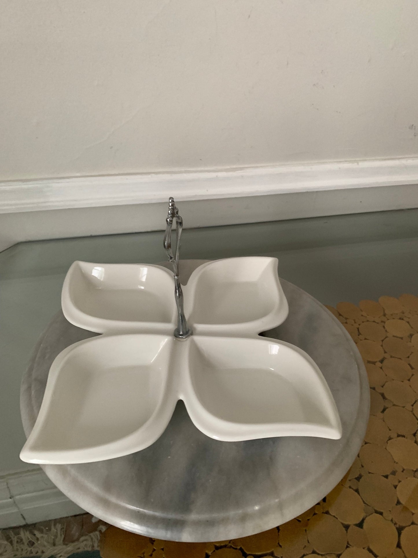 MCM White Ceramic Divided Serving Plate with Silver Tone Handle