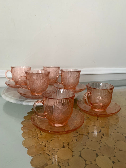 Set of 6 Vintage Arcoroc Pink Glass Canterbury Tea Cups & Saucers Made in France