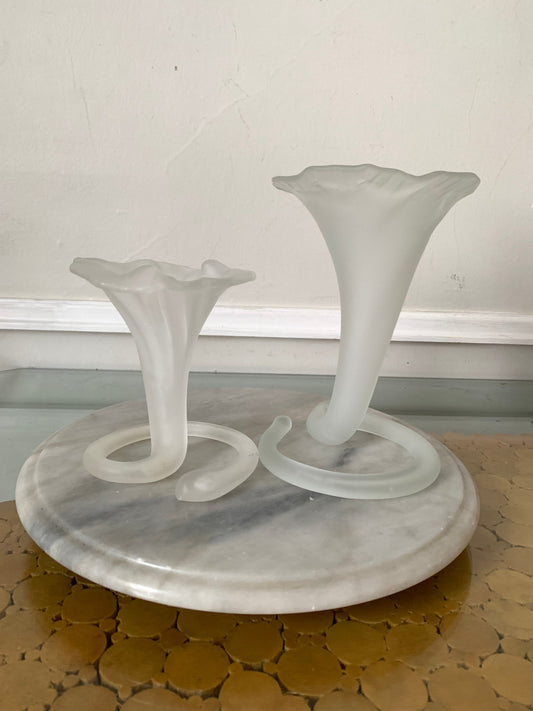 Pair of Tall and Short Retro Clear Frosted Flower Vase with Twisted Vase