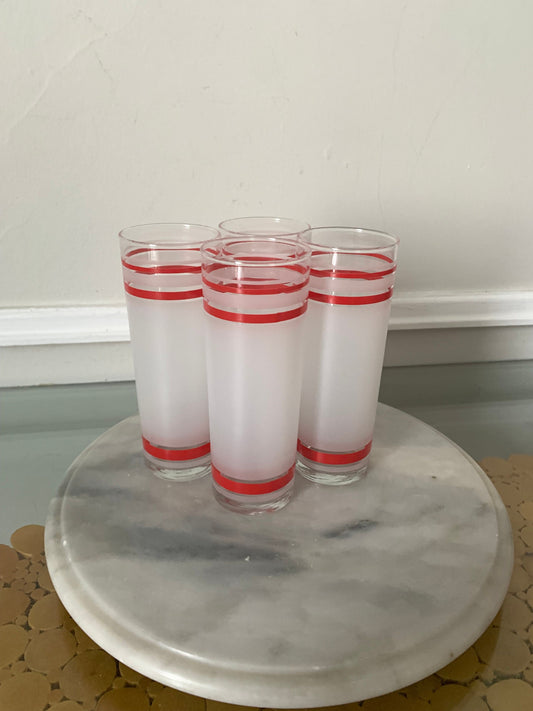 Vintage Set of 4 Tall Frosted White Tom Collins Tumblers with Red Stripes