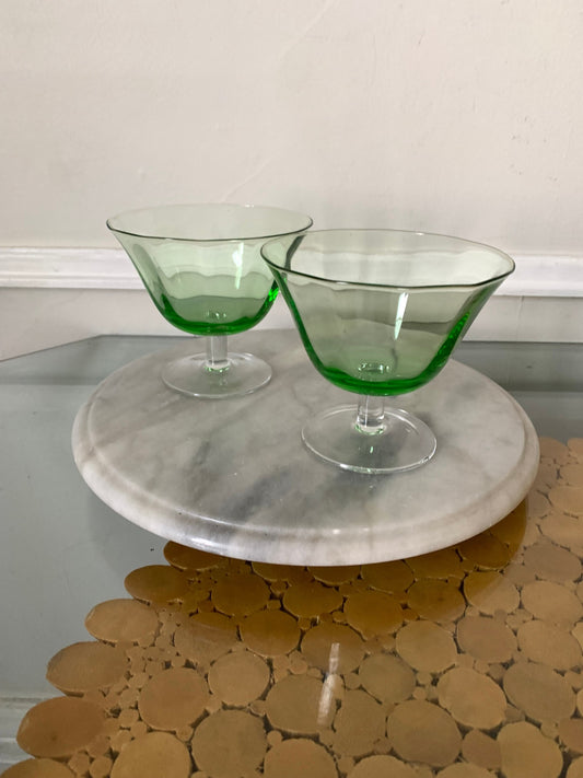 Set of 2 Vintage Clear Green Glass Dessert Dishes