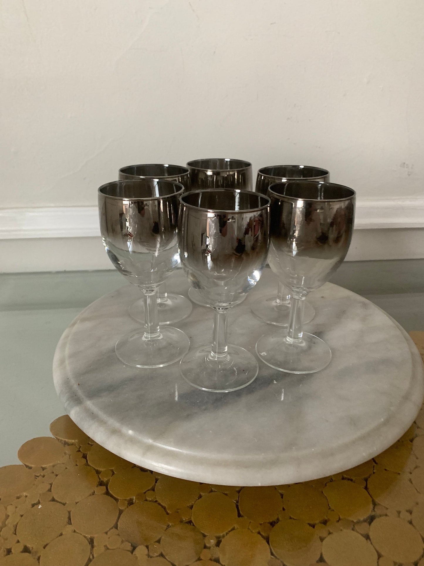 MCM Set of 6 Silver Fade Wine Glasses and Decanter Made in France