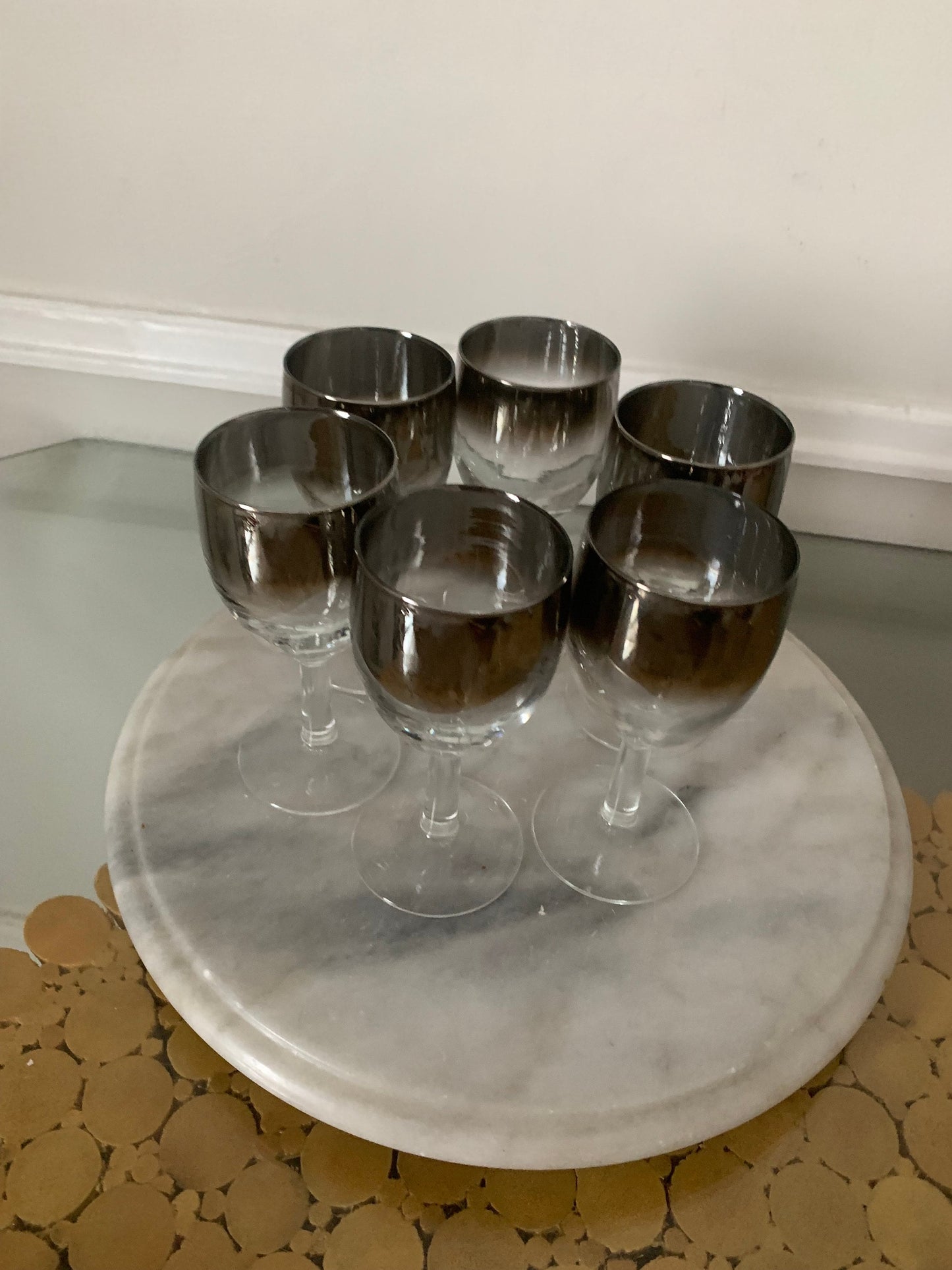 MCM Set of 6 Silver Fade Wine Glasses and Decanter Made in France