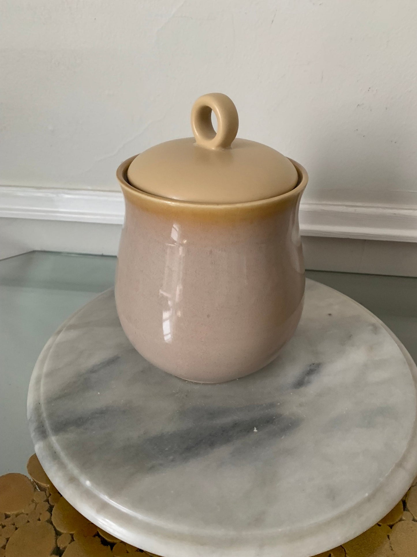Pair of Medium Vintage Natural Village Speckled Lidded Glazed Pottery Containers