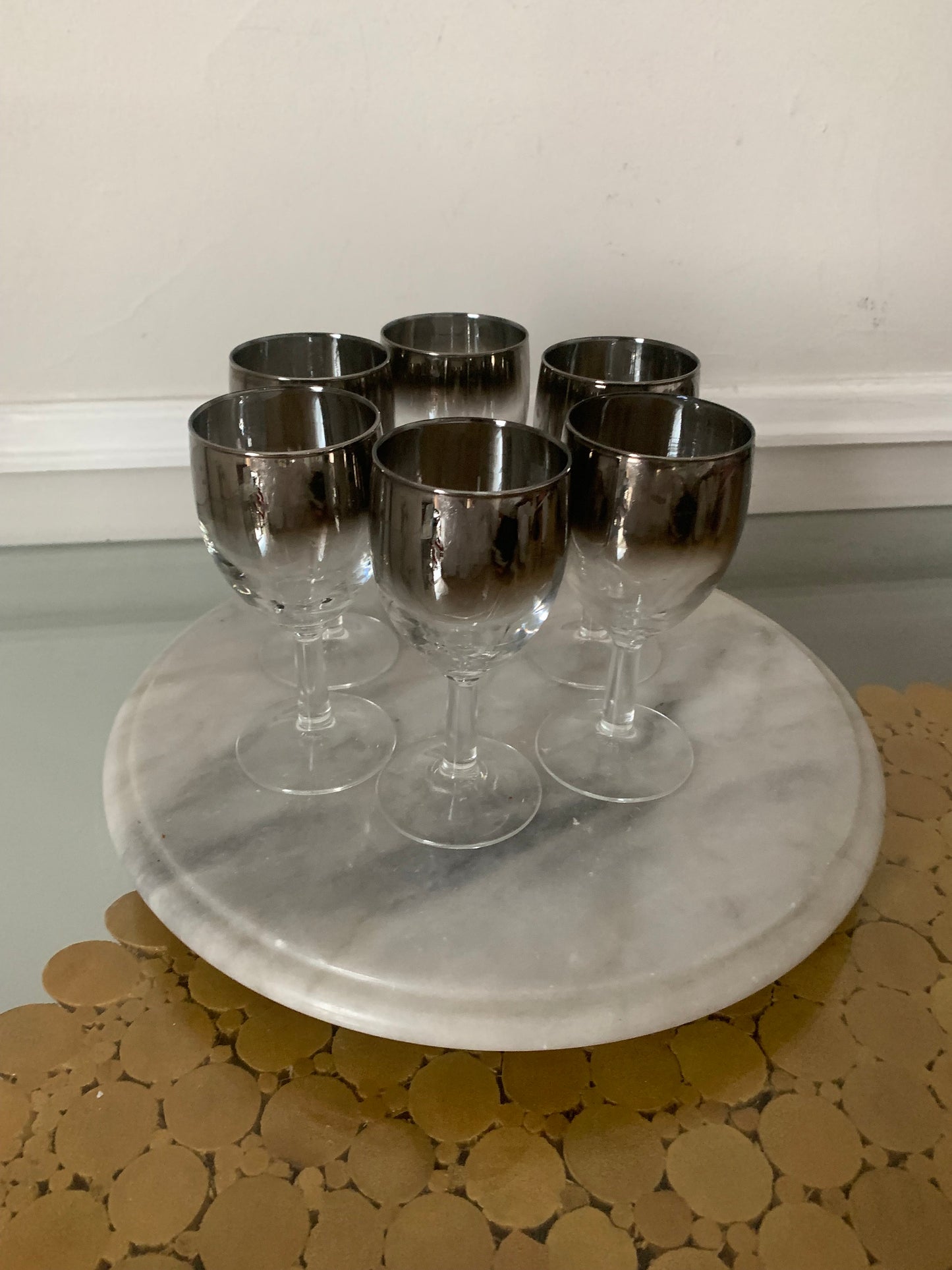 MCM Set of 6 Silver Fade Wine Glasses and Decanter Made in France