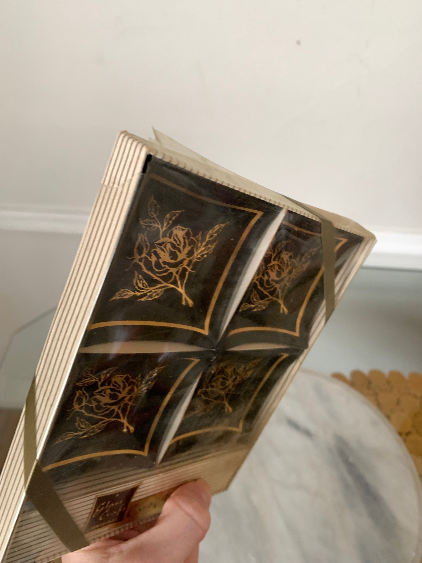 Set of 4 Vintage Black Glass and Gold Rose Card Mates A Glass Craft in Original Box