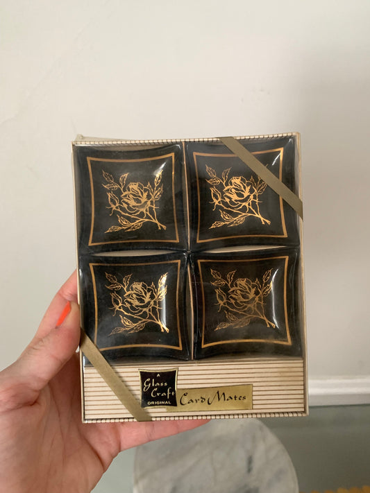 Set of 4 Vintage Black Glass and Gold Rose Card Mates A Glass Craft in Original Box