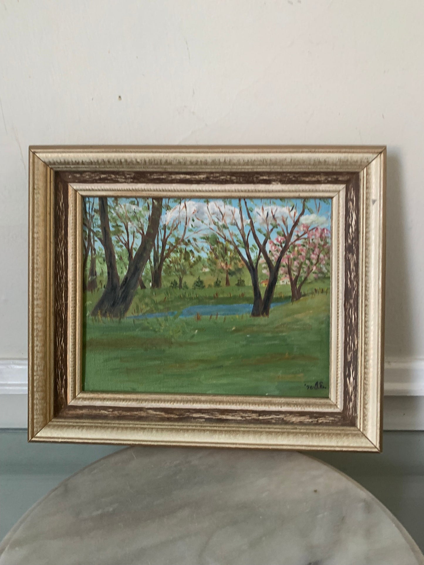 Medium Vintage Spring Painting in Gold Wood Frame