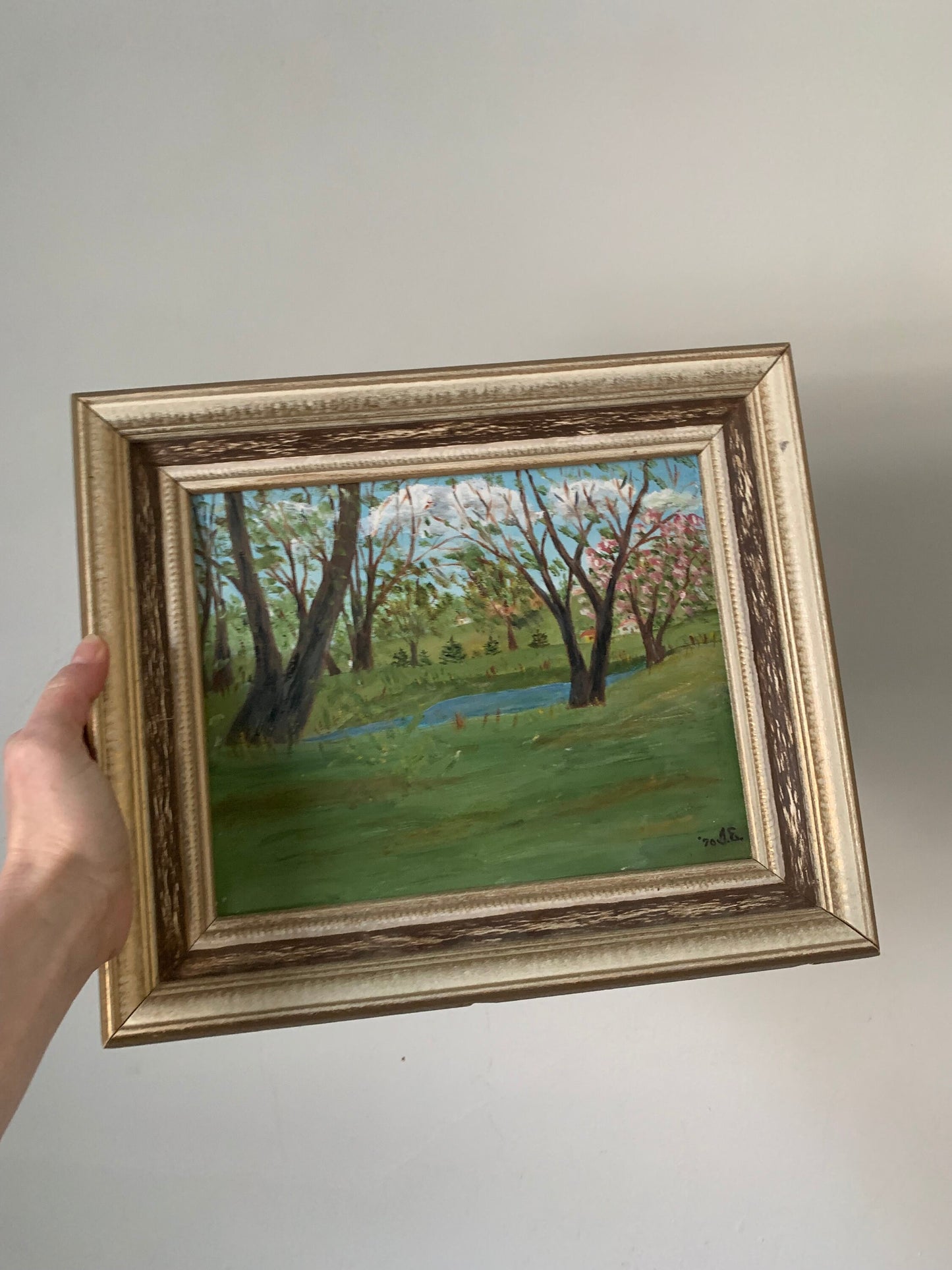 Medium Vintage Spring Painting in Gold Wood Frame