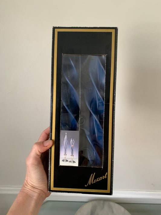 Pair of Large Blue Retro Handmade Mozart Swirl Candles by Montanna in Original Box