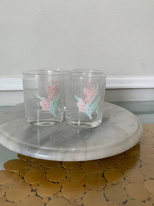 Set of 4 Retro Short Pink Iris Low Ball Glasses