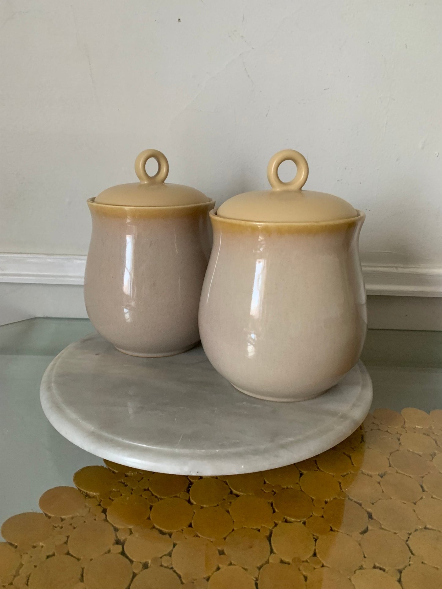 Pair of Medium Vintage Natural Village Speckled Lidded Glazed Pottery Containers