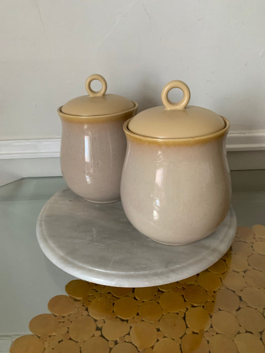 Pair of Medium Vintage Natural Village Speckled Lidded Glazed Pottery Containers