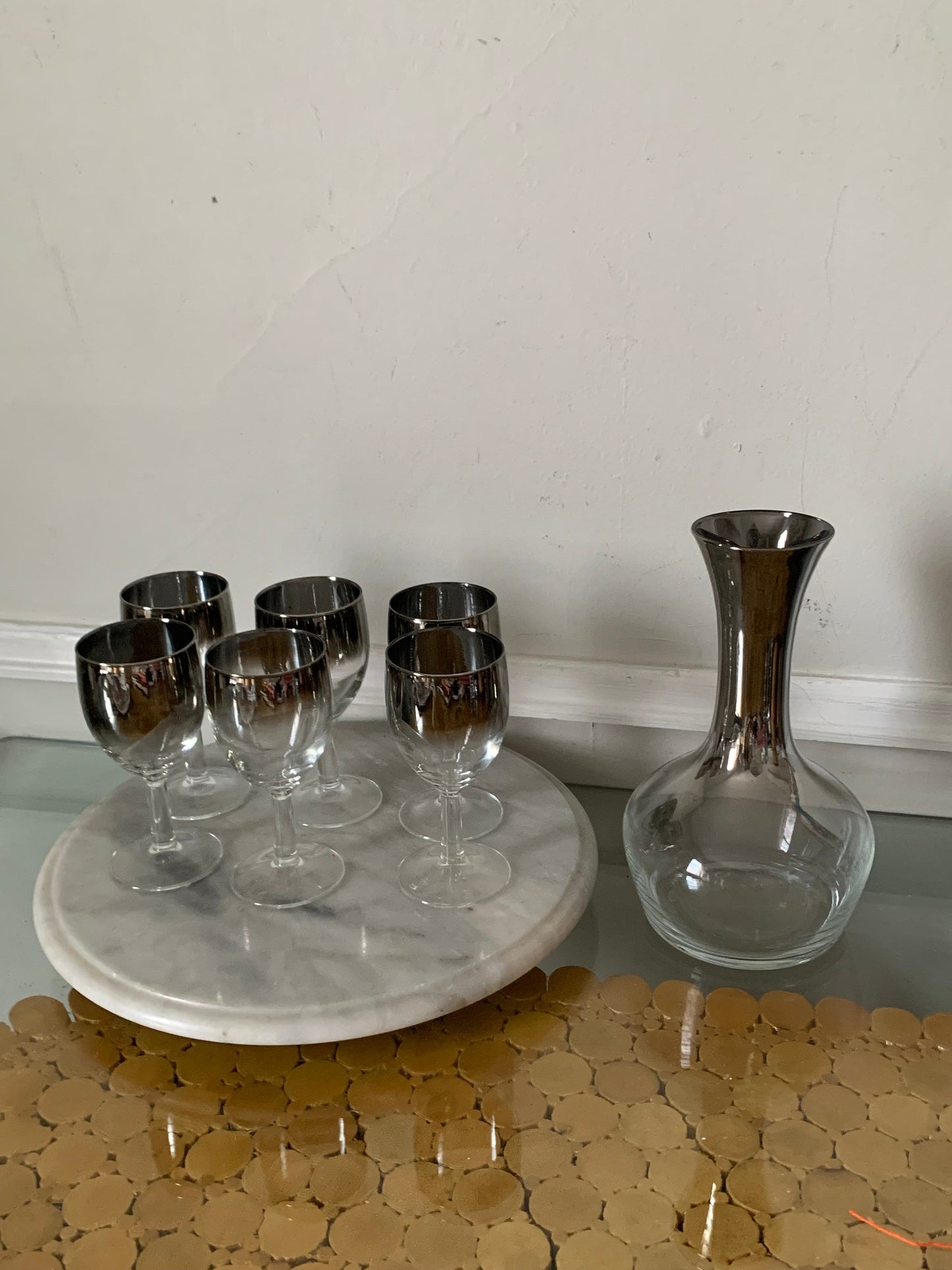 MCM Set of 6 Silver Fade Wine Glasses and Decanter Made in France