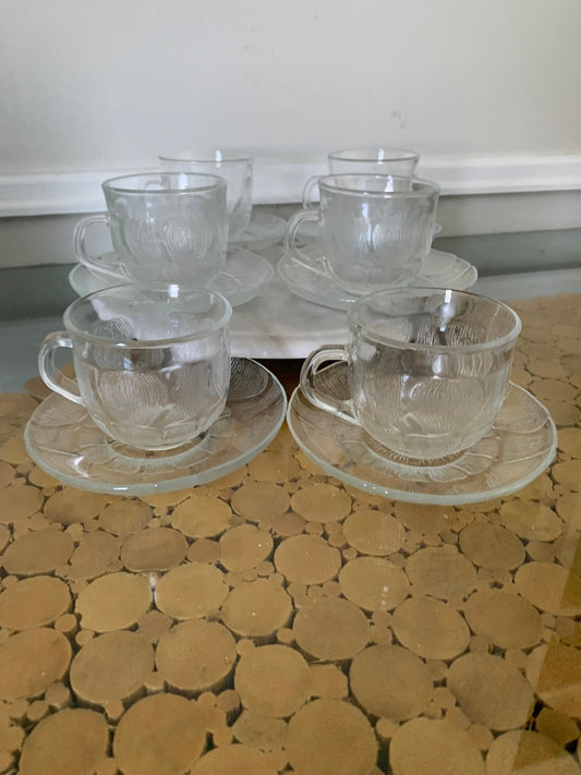 Set of 6 Vintage Arcoroc Clear Glass Canterbury Tea Cups & Saucers Made in France