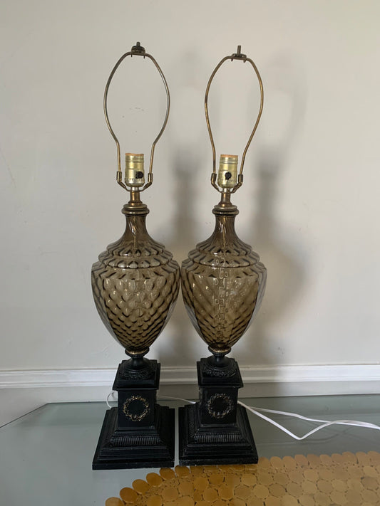 Pair of MCM Vintage Smokey Topaz Glass and Brass Table Lamps No Shades