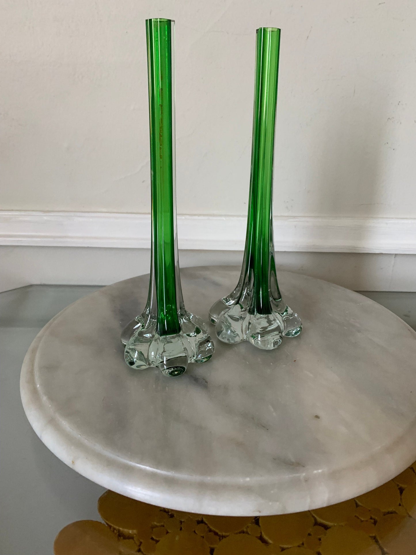 Pair of Short MCM Green Glass Stretch Vase