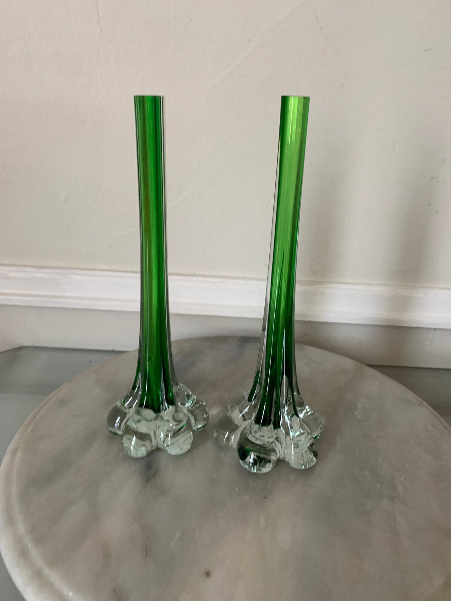 Pair of Short MCM Green Glass Stretch Vase