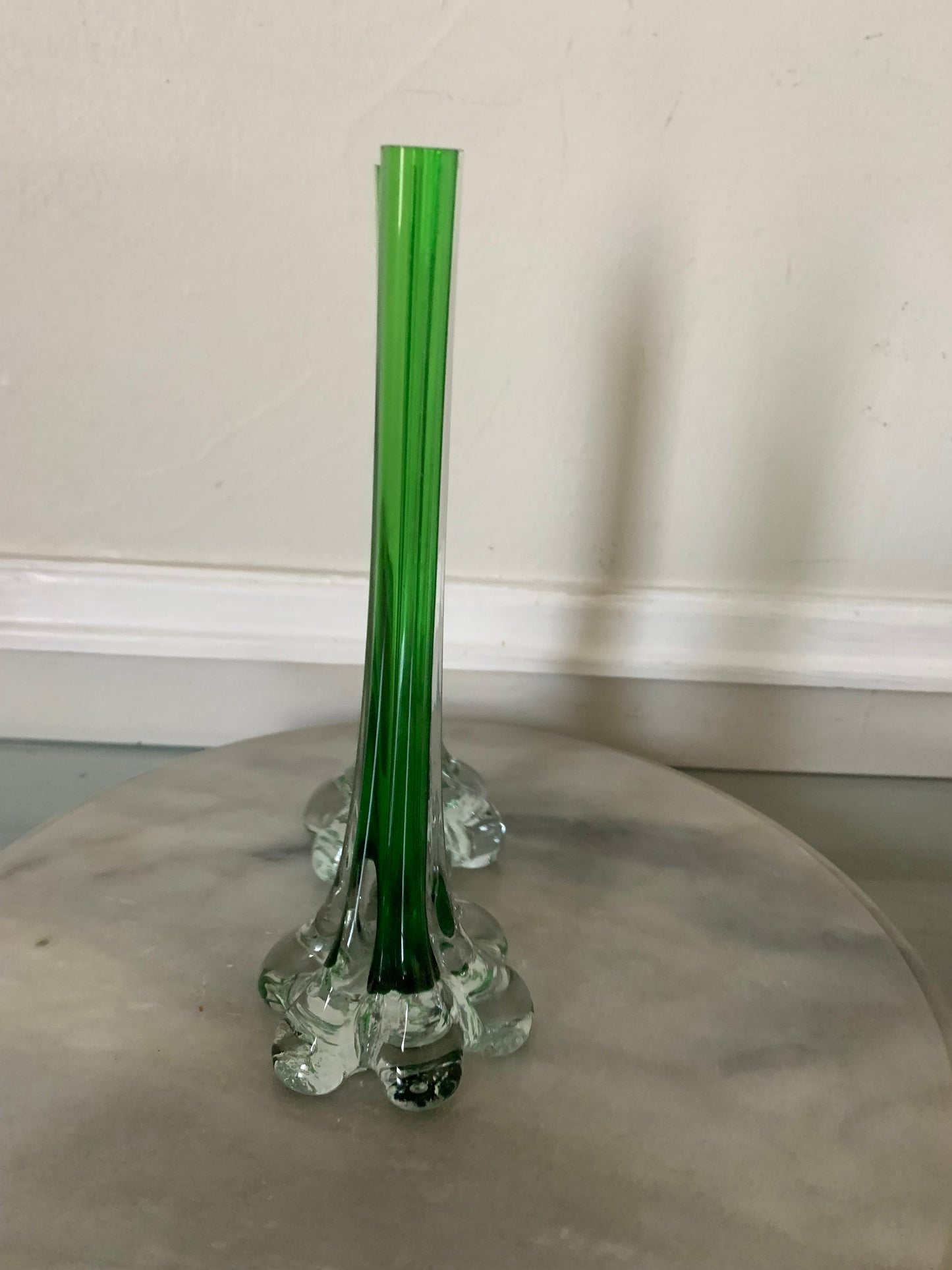 Pair of Short MCM Green Glass Stretch Vase
