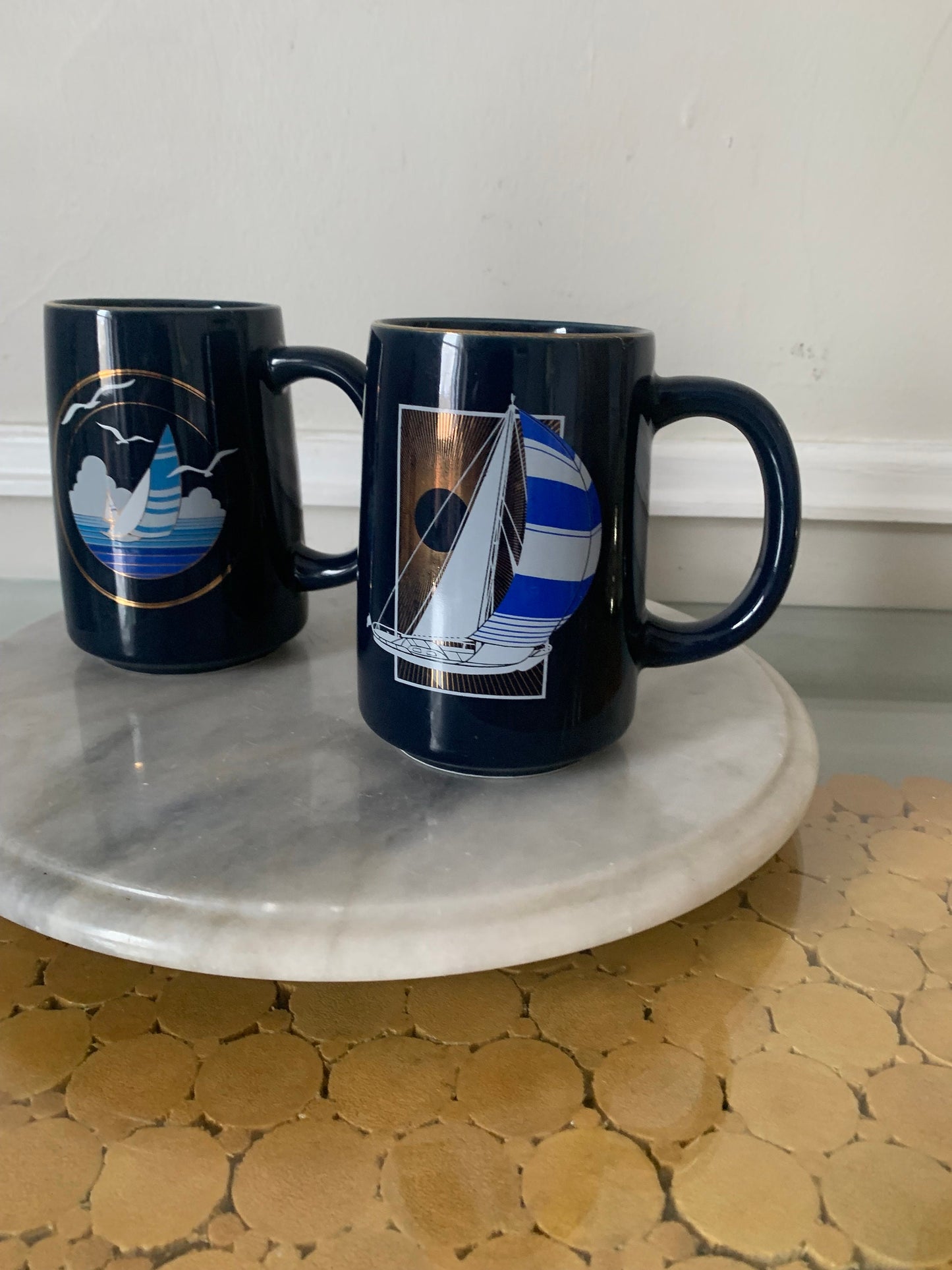 Pair of 2 Retro Cameron Blue Ceramic Sailboats Made in Japan