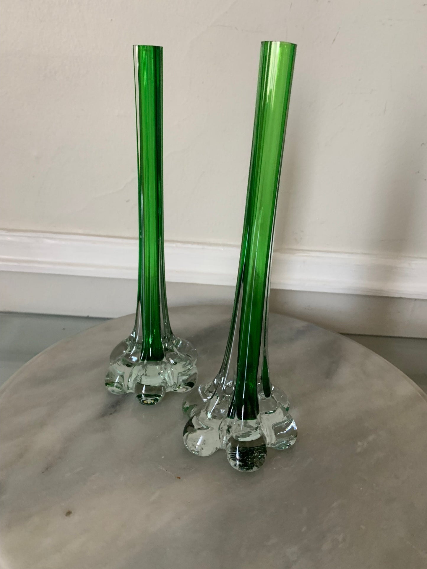 Pair of Short MCM Green Glass Stretch Vase
