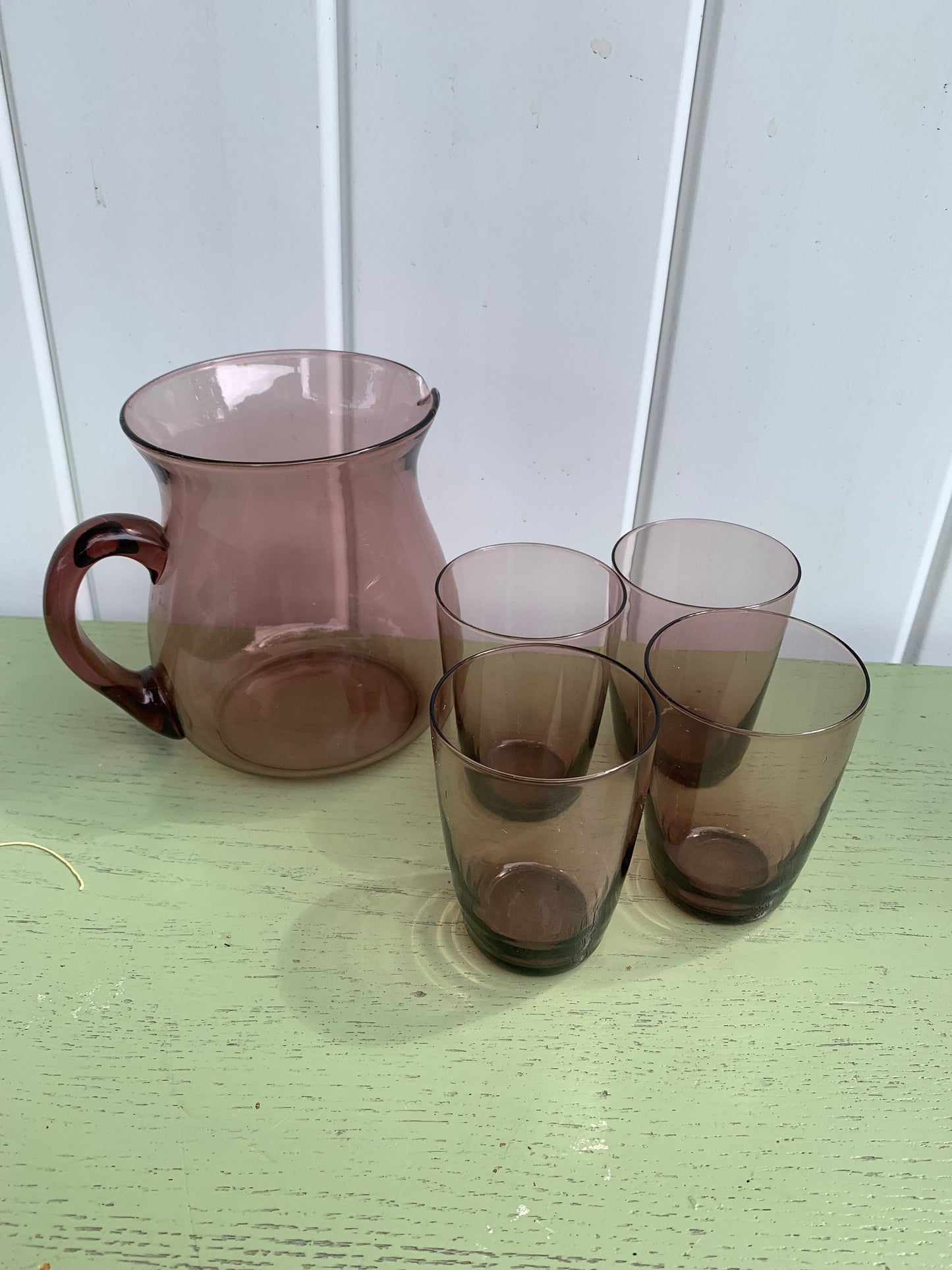 Retro Pitcher and 4 Clear Short Purple Glass Tumbler Set