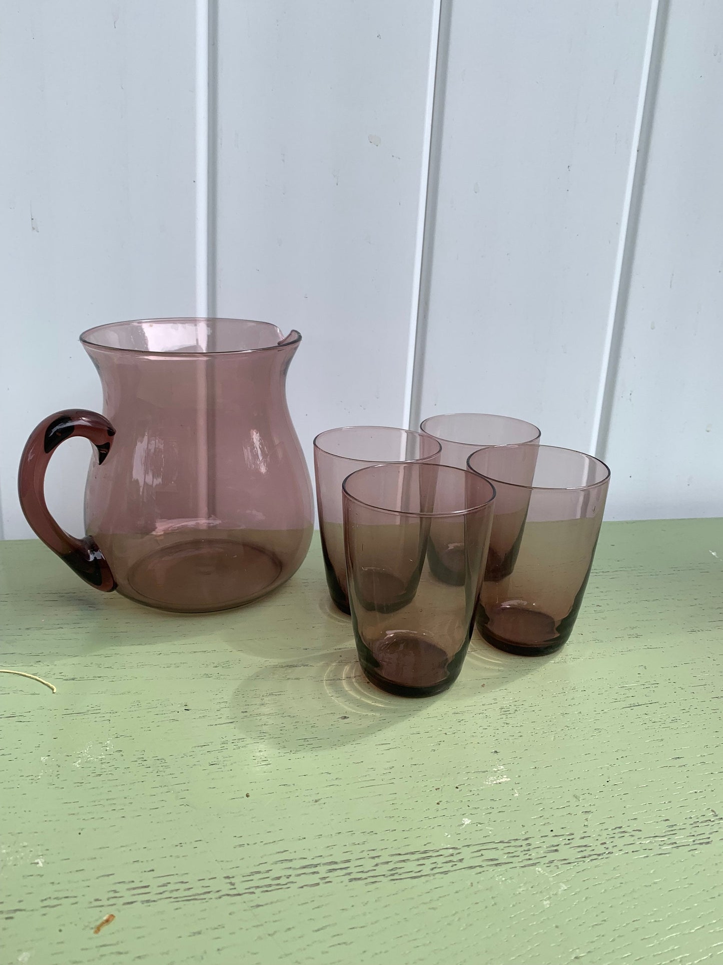 Retro Pitcher and 4 Clear Short Purple Glass Tumbler Set