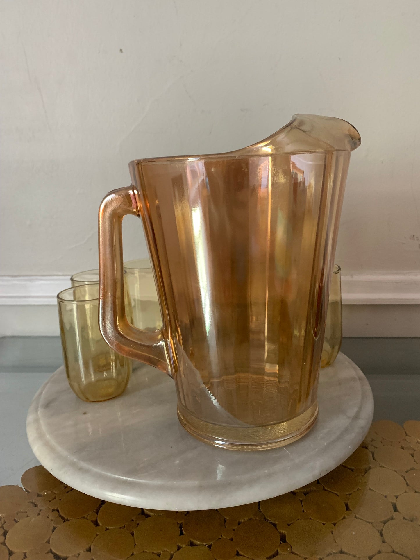 Vintage Peach Lustre Glass Pitcher and 4 Small Juice Glasses