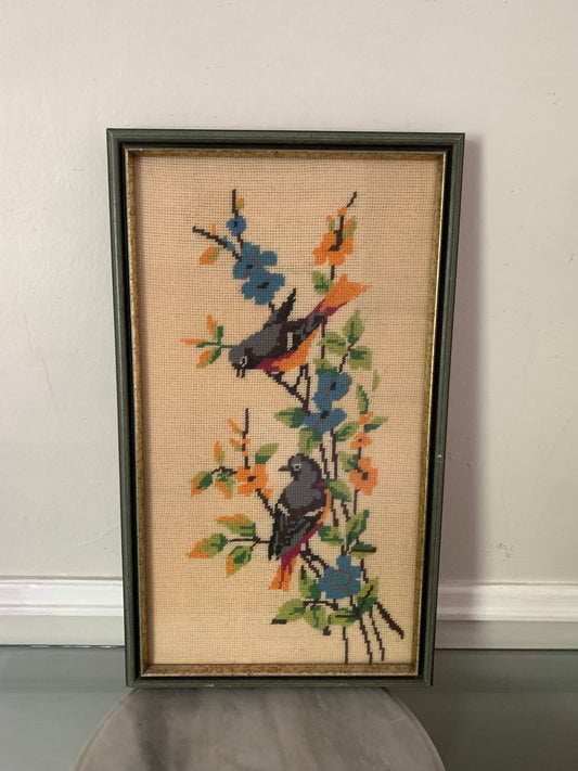 Tall Vintage Handmade Framed Blue Bird Embroidery Picture