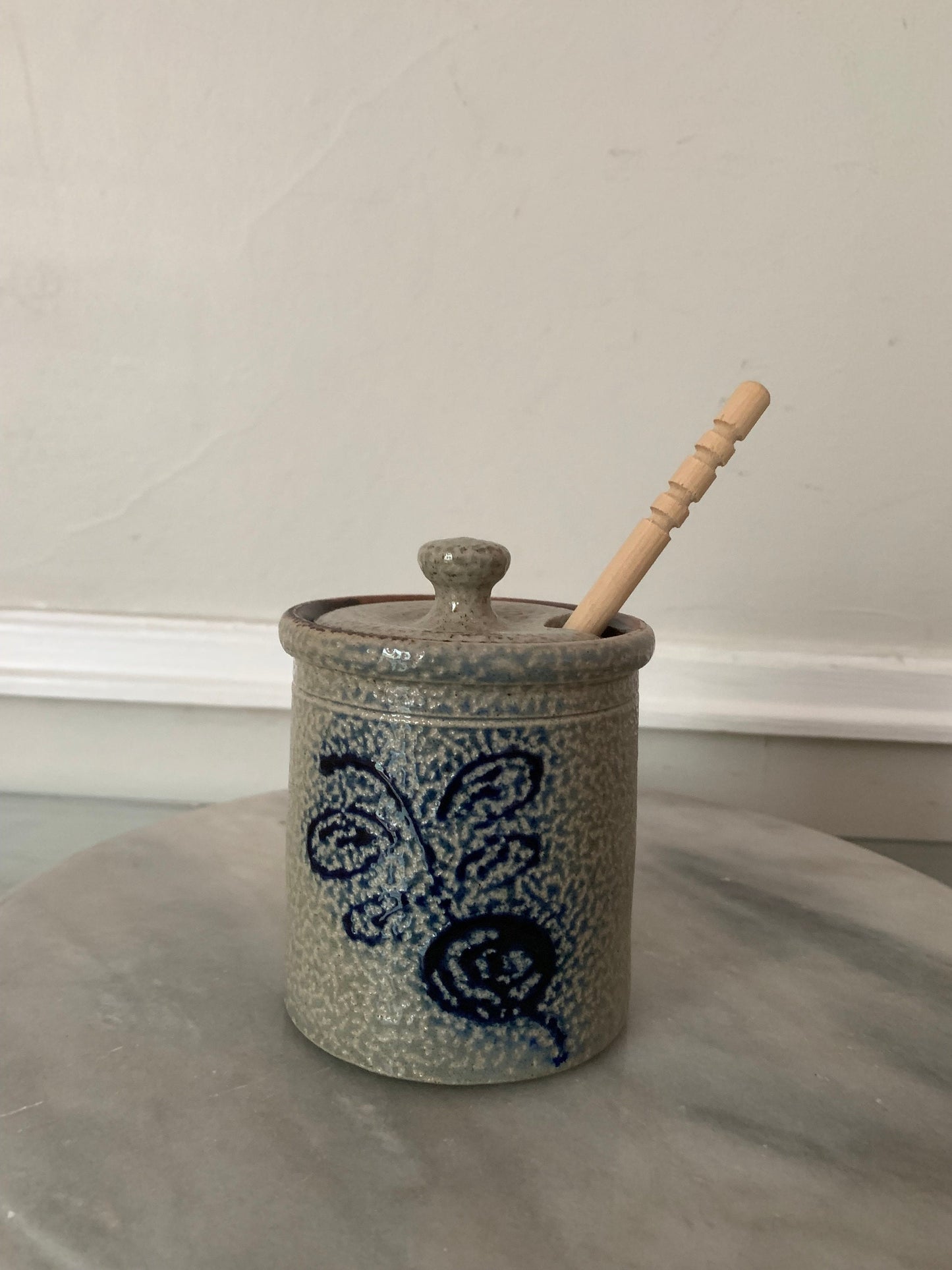 Retro Handmade Red Wing Pottery Jar with Blue Beet and Wooden Honey Stick