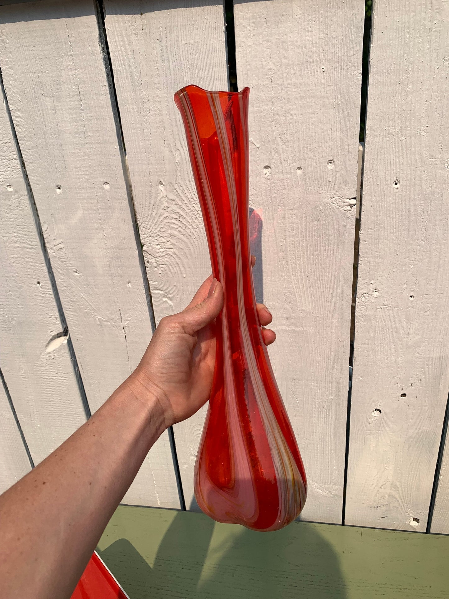 Tall MCM Red and White Ribbon Candy Stretch Glass Vase