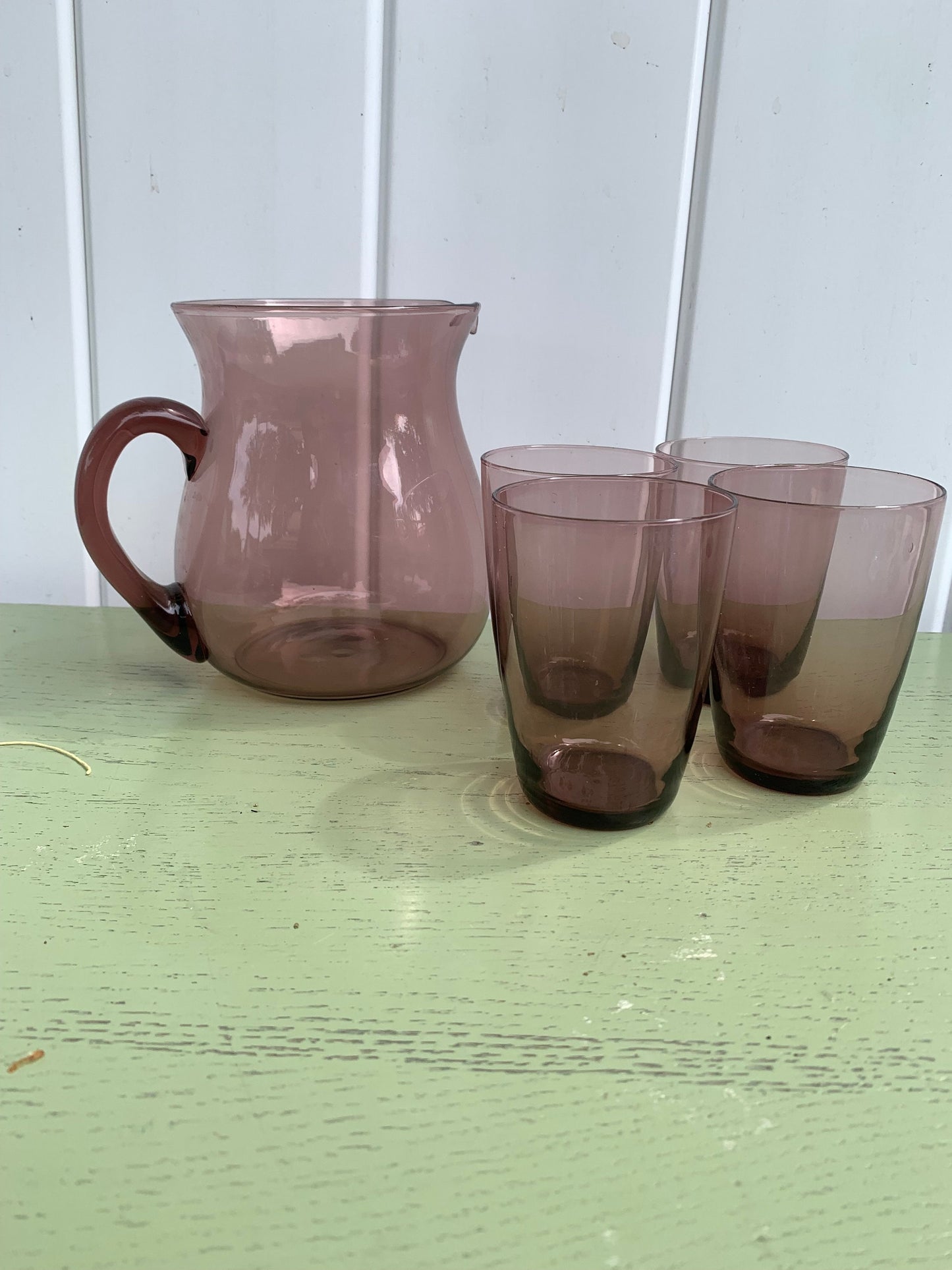 Retro Pitcher and 4 Clear Short Purple Glass Tumbler Set