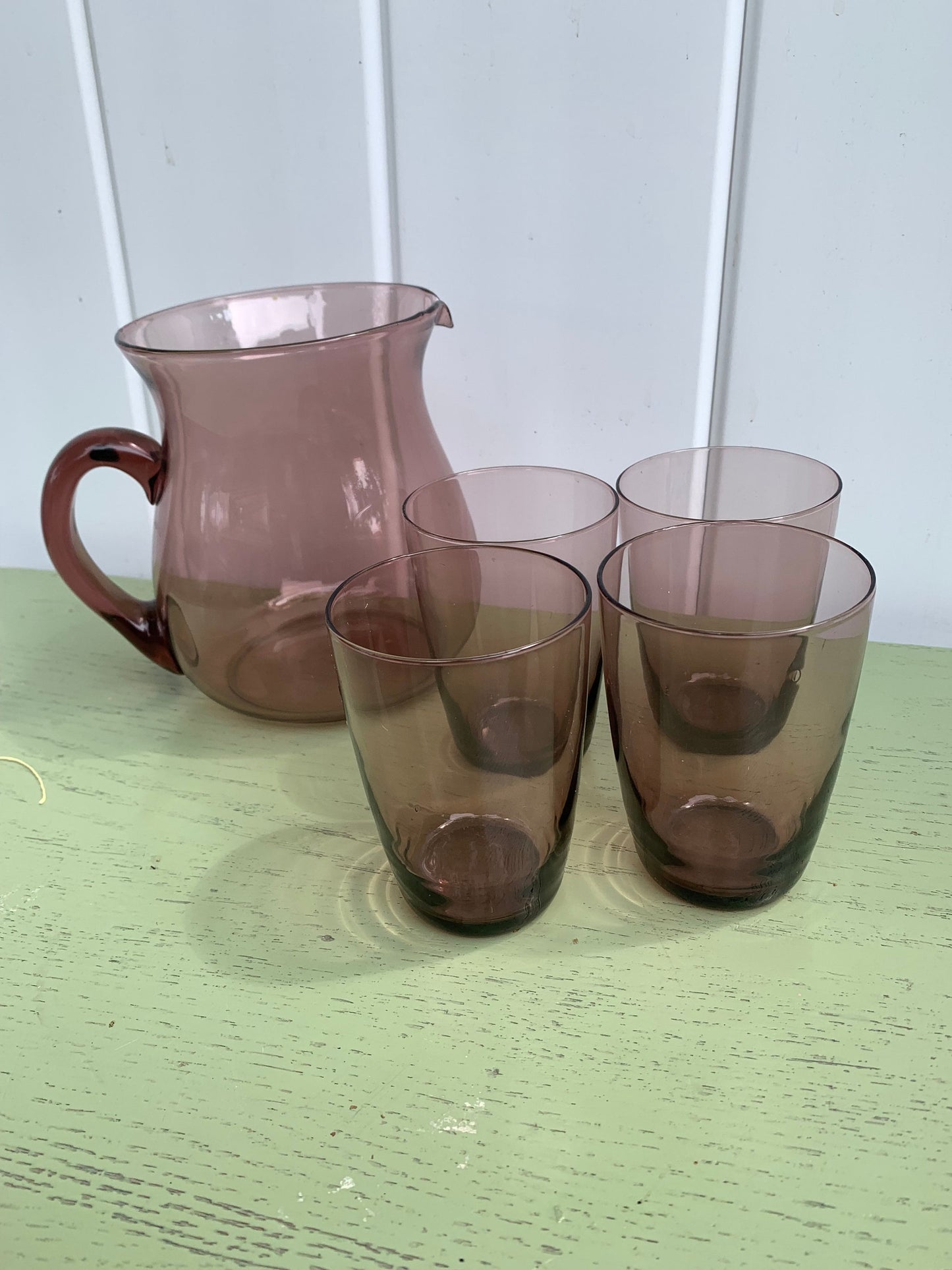 Retro Pitcher and 4 Clear Short Purple Glass Tumbler Set