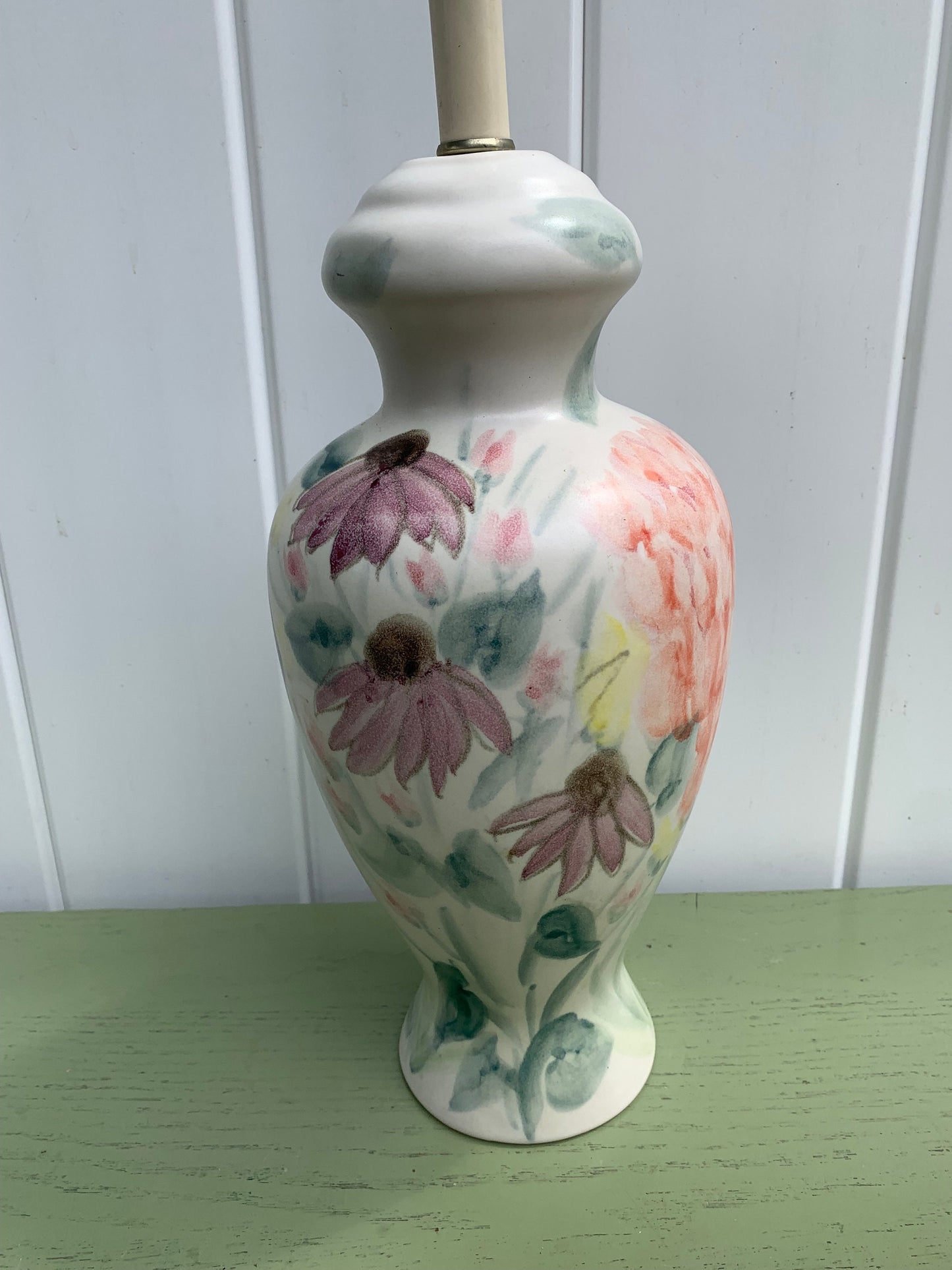 Tall Vintage Cream Pottery Lamp with Hand Painted Flowers No Shade