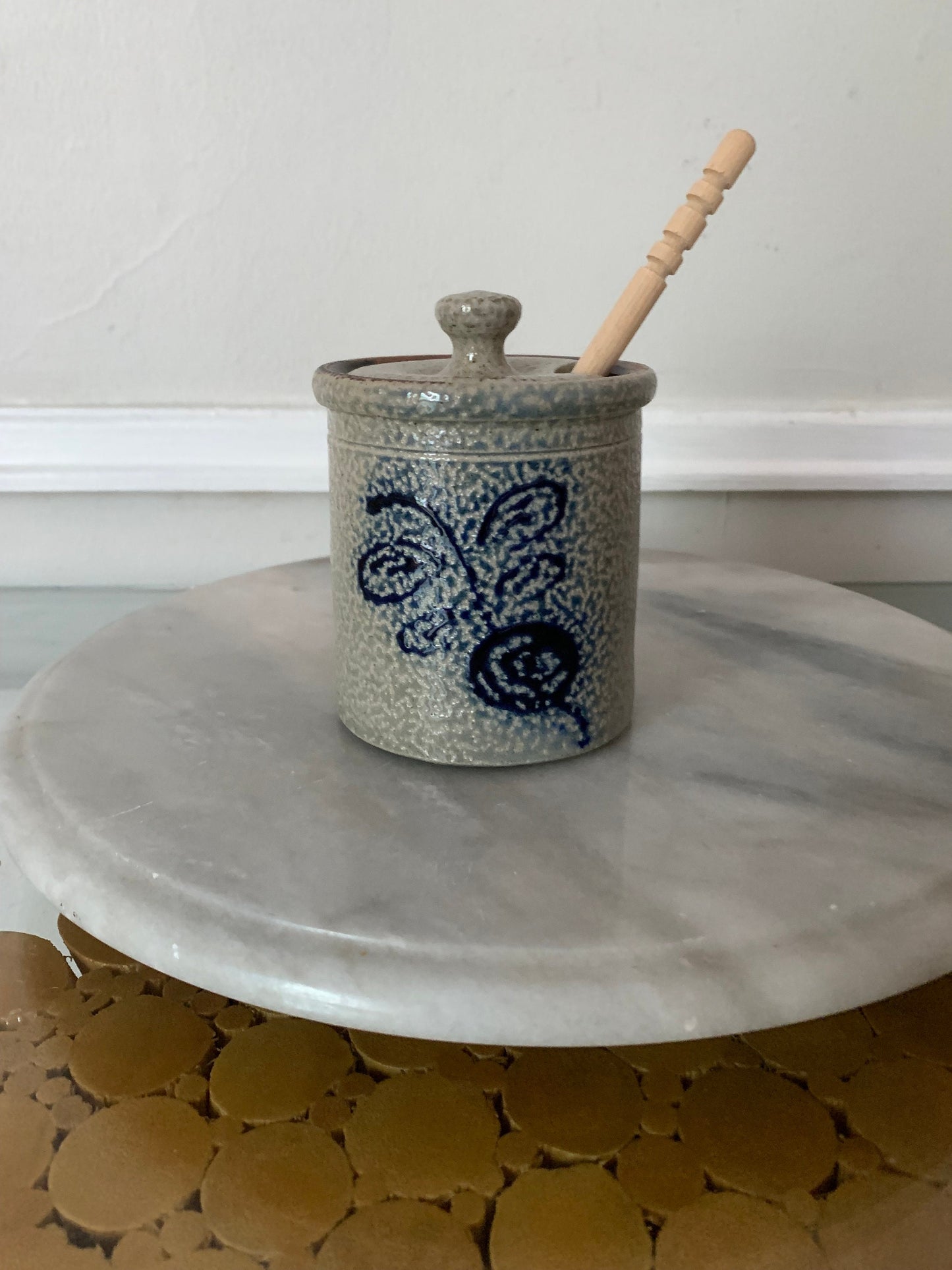 Retro Handmade Red Wing Pottery Jar with Blue Beet and Wooden Honey Stick