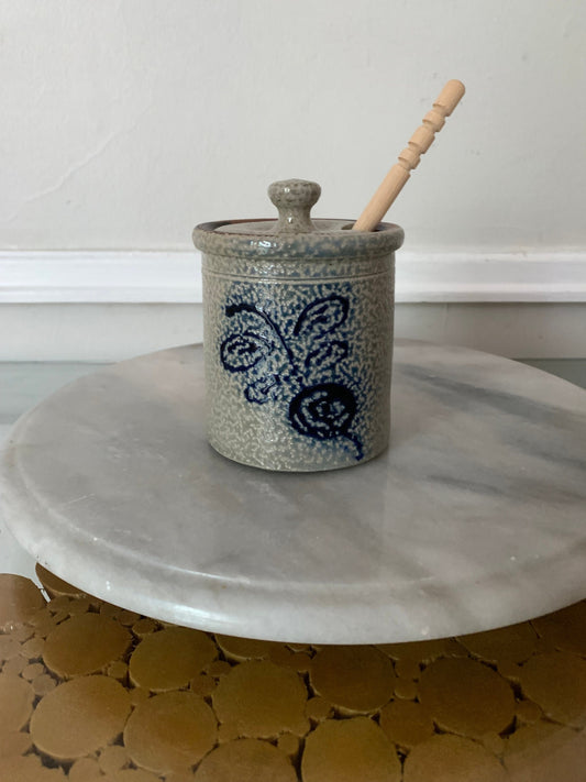 Retro Handmade Red Wing Pottery Jar with Blue Beet and Wooden Honey Stick