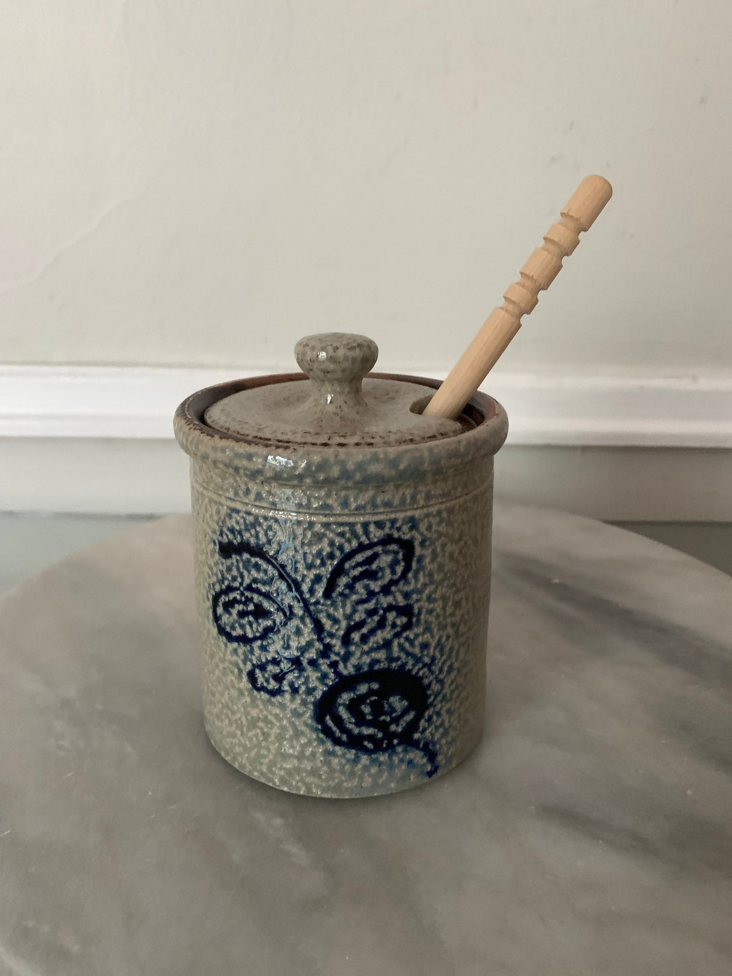 Retro Handmade Red Wing Pottery Jar with Blue Beet and Wooden Honey Stick
